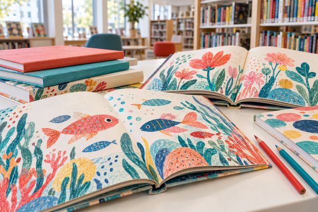 AI-genereret fotorealistisk temaillustration: Farverige fiktive billedbøger på et biblioteksbord; ingen af de prisbelønnede bøger er gengivet.