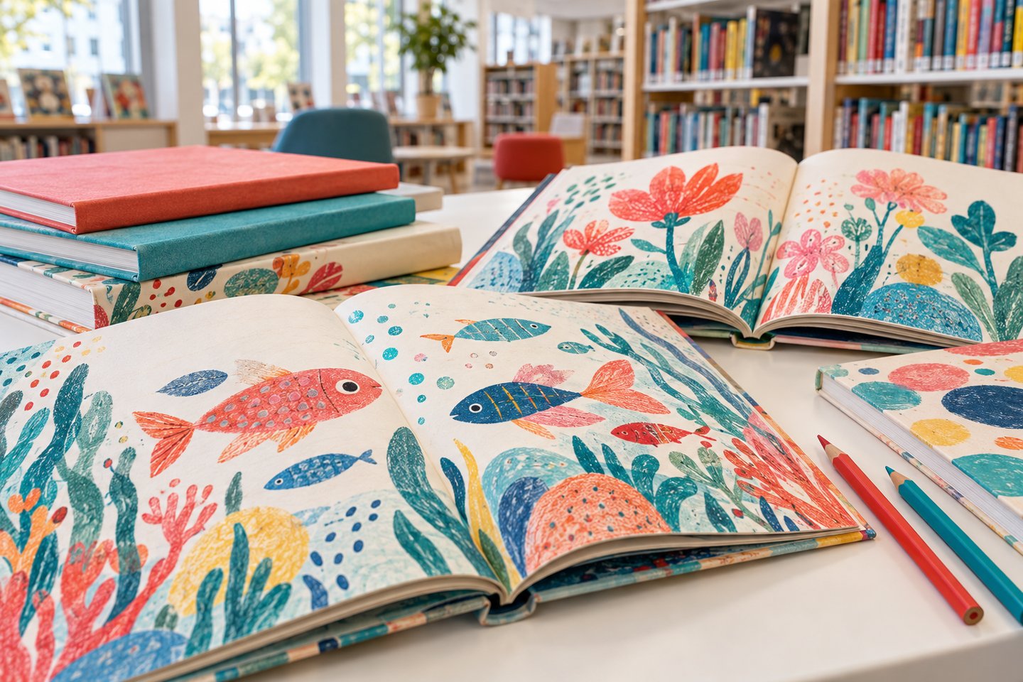 AI-genereret fotorealistisk temaillustration: Farverige fiktive billedbøger på et biblioteksbord; ingen af de prisbelønnede bøger er gengivet.