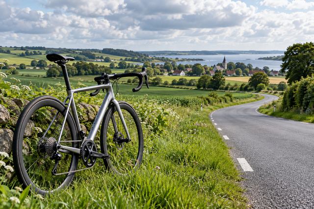 AI-genereret fotorealistisk temaillustration: Racercykel ved en grøn dansk landevej; motivet viser ikke en faktisk VM-rute.