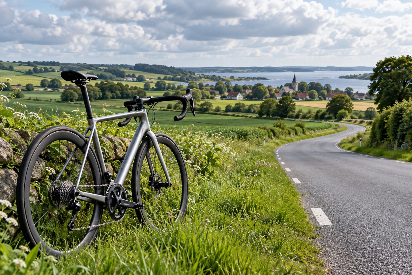 AI-genereret fotorealistisk temaillustration: Racercykel ved en grøn dansk landevej; motivet viser ikke en faktisk VM-rute.