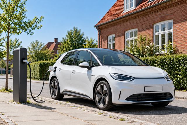AI-genereret fotorealistisk temaillustration: Hvid elbil ved en ladestander i et dansk boligområde.